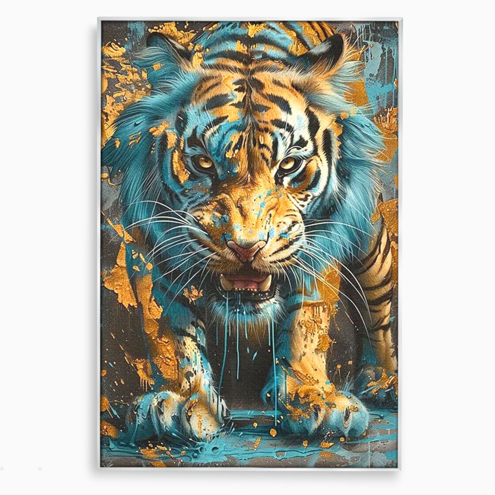 Tablou canvas cu tablou canvas cu tigru furios, in rama de aluminiu argintiu